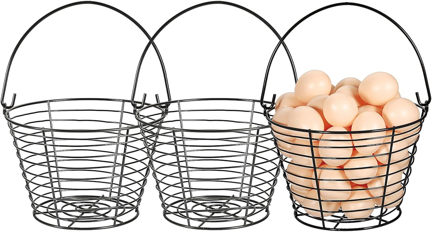 3 PCS 8" Black Round Wire Egg Baskets With Handle Egg Collecting Basket | Small Metal Egg Basket for Gathering Fresh Eggs, Chicken and Duck Eggs Hunting Basket Egg Holder Countertop