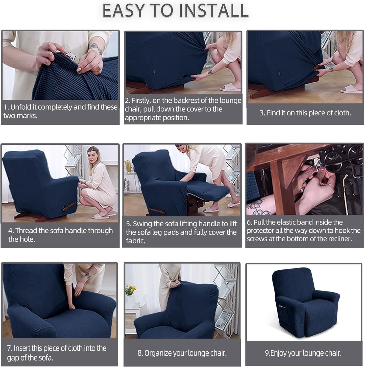 KEKUOU Recliner Chair Covers,Lazy Boy Recliner Covers Stretch Couch Cover Slipcovers 1 Piece Furniture Protector with Elastic Bottom for Dog,Kids.(Recliner, Navy Blue)