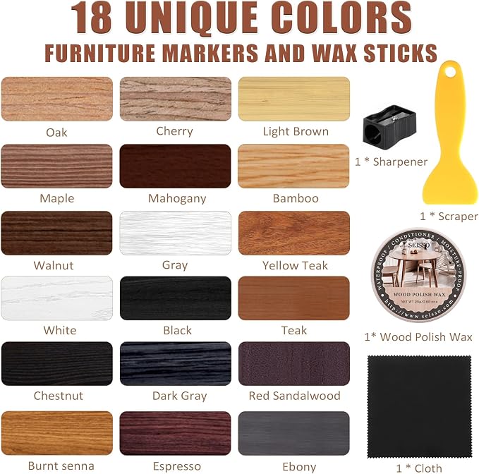 SEISSO Furniture Repair Kit, 18 Colors Touch Up Markers and Wood Filler Sticks - Image 2