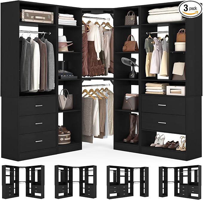 Corner Closet System with 5 Drawers, Closet Organizer System with 15+Shelvess & by Besiost