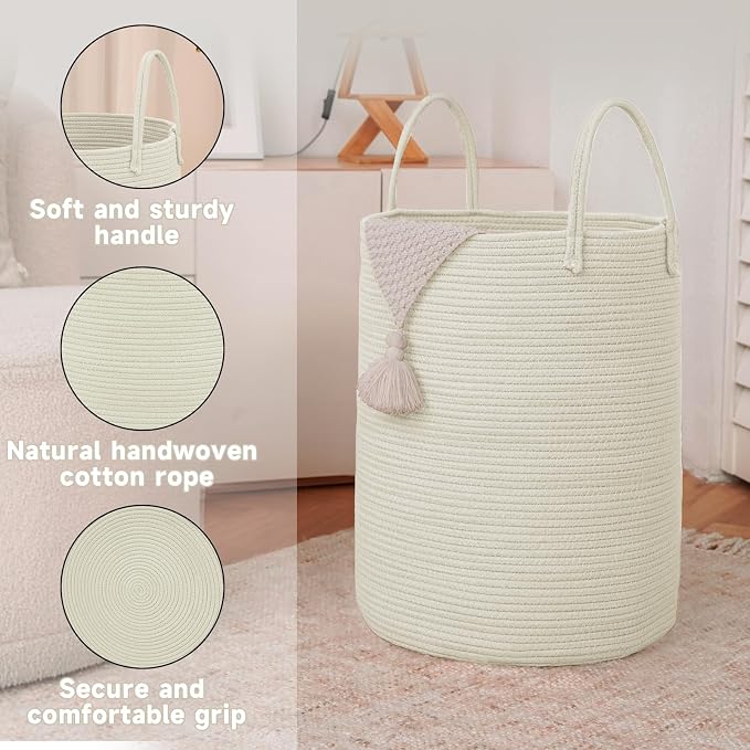 Large Woven Laundry Basket Hamper, 80L Cotton Rope Storage Bin - Image 6