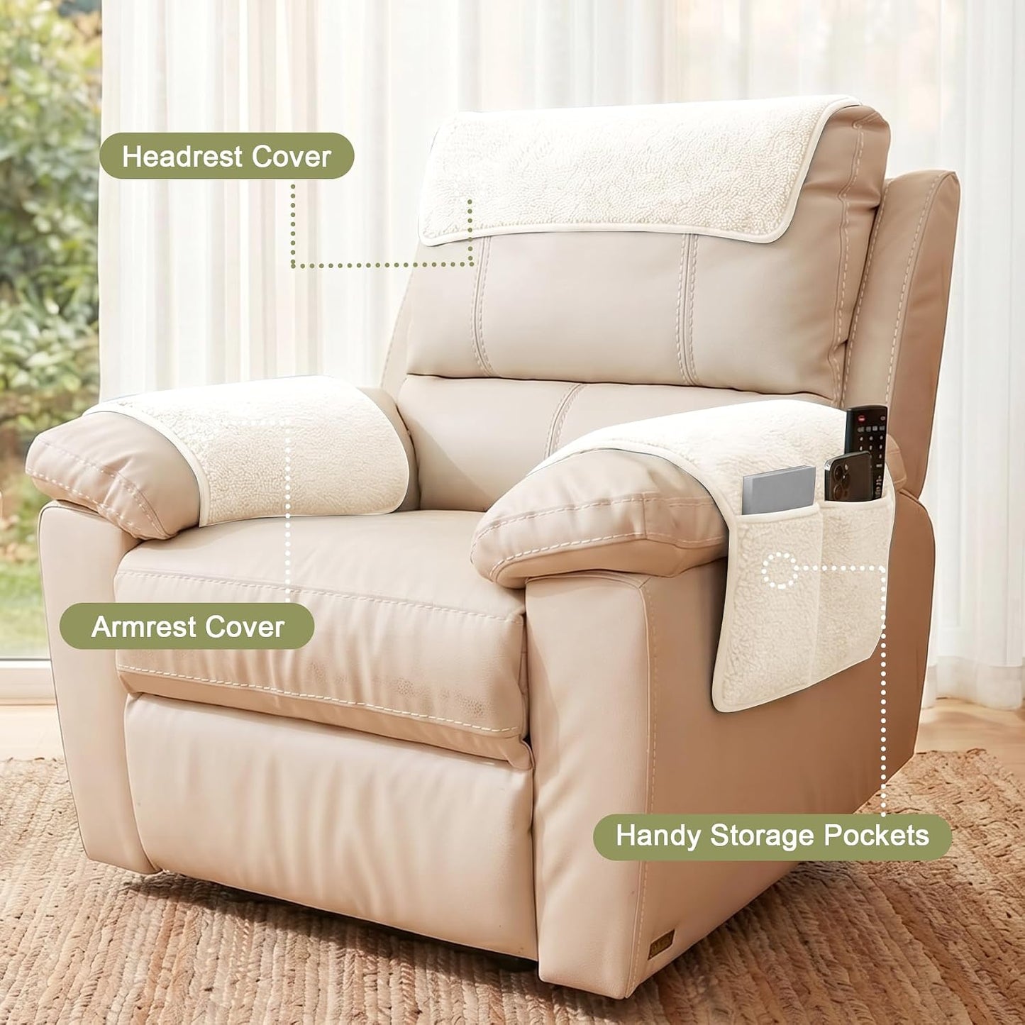 Universal Sherpa Recliner & Armchair Covers with Pockets, Soft Sofa Armrest Backrest Protectors, Pet Friendly Washable Arms Caddy Slipcovers for 3-Cushion Couch, Ivory