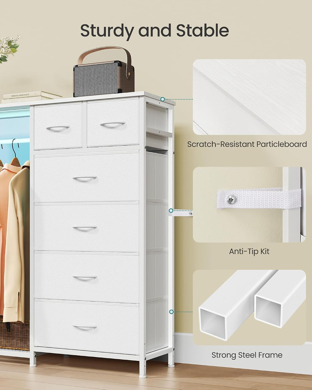 SONGMICS Dresser with Hanging Rod, Closet Organizer with 6 Fabric Drawers