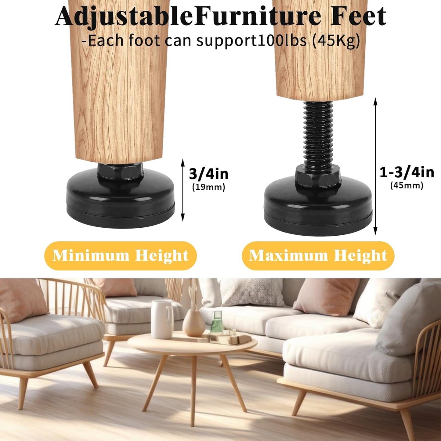 60 Pcs Adjustable Leveling Feet with T-Nut Kit, 3/8”-16 Thread Furniture Levelers, Metal Adjustable Feet, Heavy Duty Legs Height Adjuster for Table, Chair, Desk, Cabinets, Sofa(Black)
