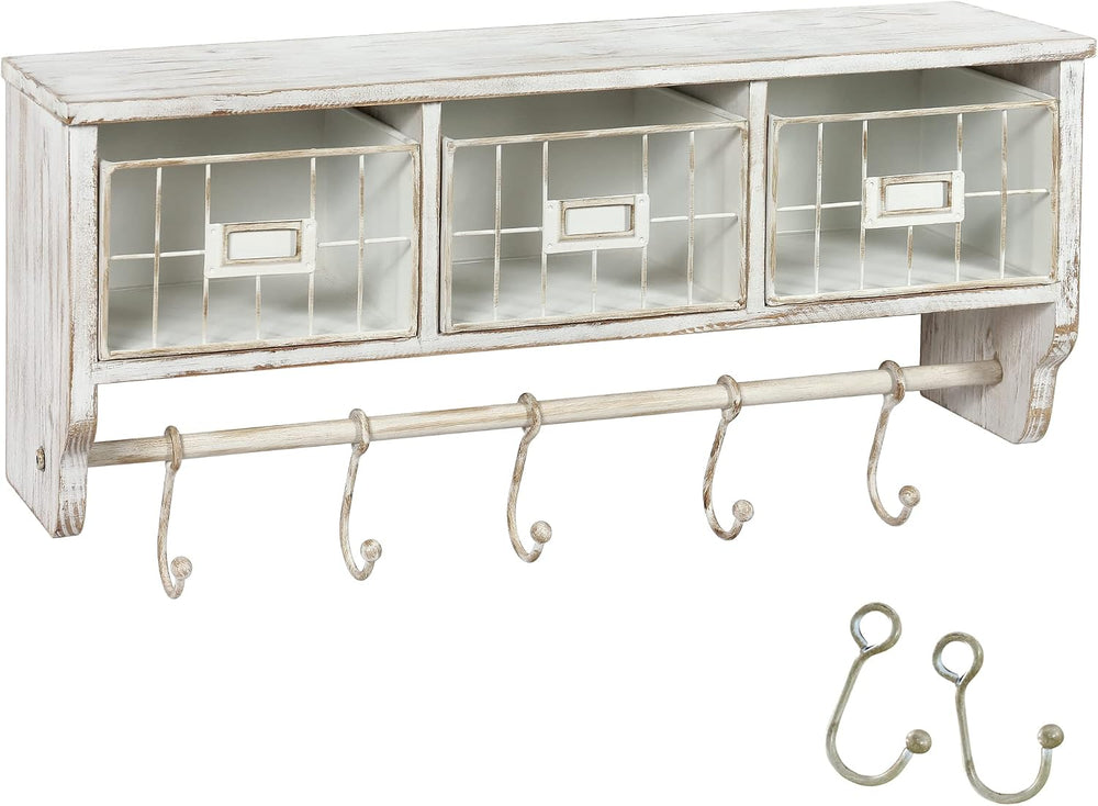 HBCY Creations Wall Mounted Shelf with Coat Hooks and Baskets, Solid Wood Ent...