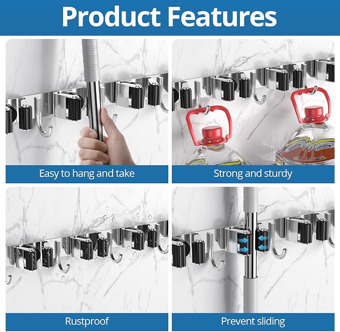 2 Pack Broom Holder Wall Mount Mop and Broom Hanger Broom Organizer Storage - Image 2