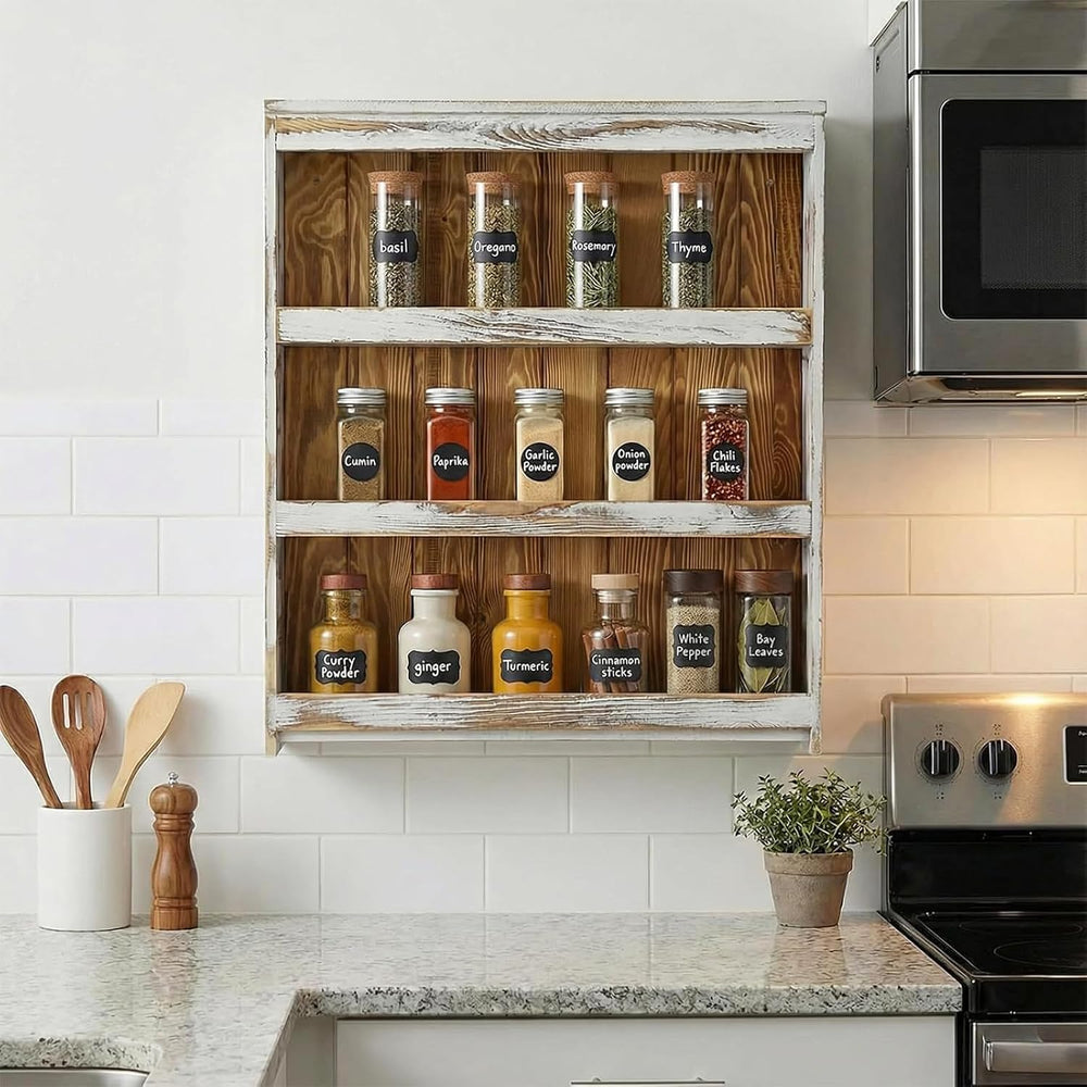 MyGift 3 Tier Spice Rack Wall Mount Rustic Wood Kitchen Shelf