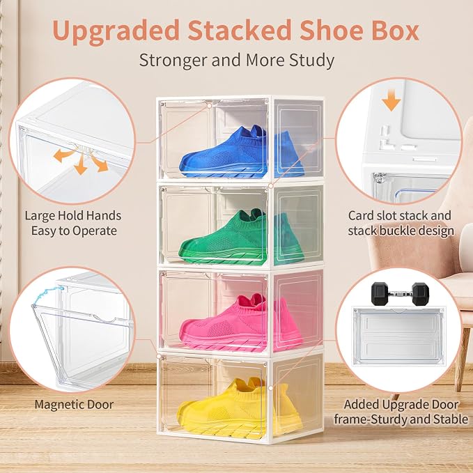 12 Pack White Shoe Boxes Stackable, Large Shoe Storage Organizer - Image 4