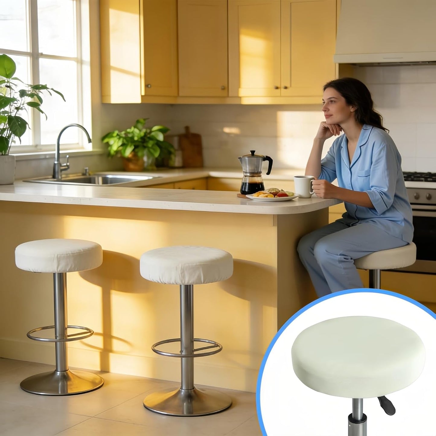 4-Pack Round Stool Covers, 16-18 Inch Bar Stool Cushion Covers, Elastic Washable Dustproof Stool Covers, Suitable for Decoration in Bars, Kitchens, Cafes and Offices, Beige