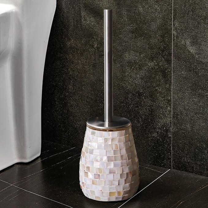WDHODEC Natural Shell Toilet Brush and Holder Set Mosaic Glass, Stainless Steel - Image 5
