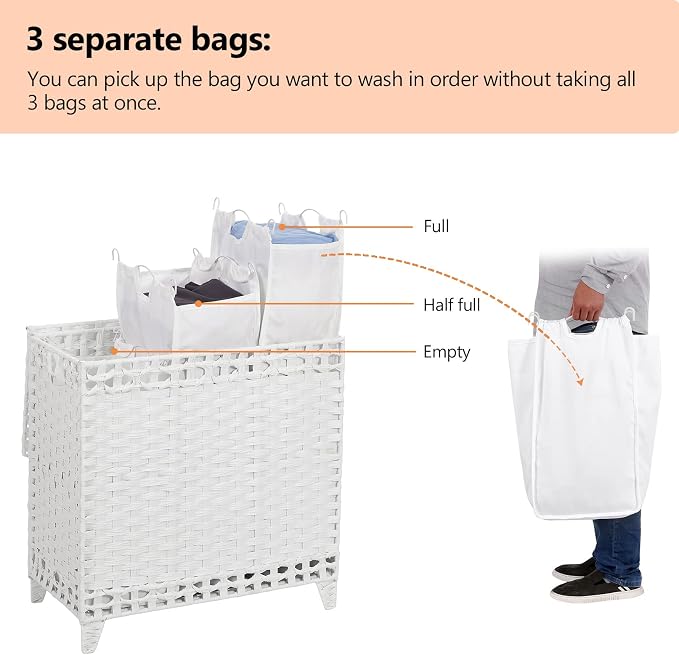 Laundry Hamper with 3 Removable Liner Bags; 132L Handwoven Rattan Laundry - Image 3
