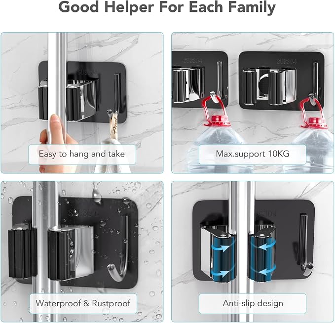 Mop Broom Holder No Drill, Mop Broom Organizer Wall Mounted Heavy Duty - Image 4