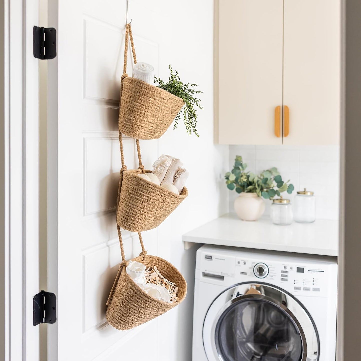 3-Tier Over the Door Hanging Basket (Set of 2) Adjustable, Detachable Woven Storage Baskets with Wall and Door Hooks - Decorative Boho Organizer for Nursery, Playroom, Bedroom, Kitchen, Apartment