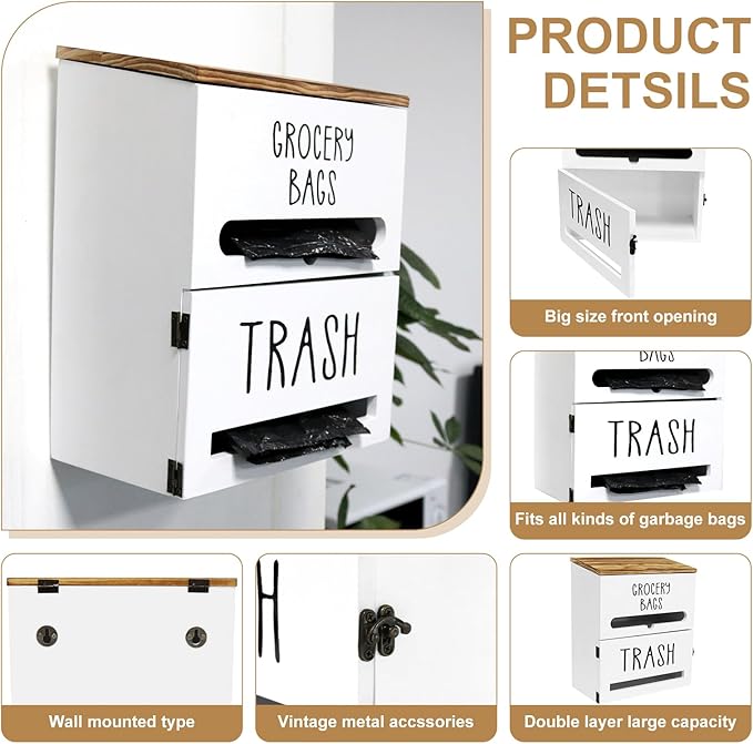 2 in 1 Trash Bag Dispenser, Double Wall Mounted, Wood Trash Bag Holder - Image 3