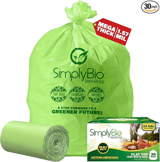 Simply Bio 30-33 Gallon Compostable Trash Bags Liners Flat-Top, Heavy Duty by SimplyBio