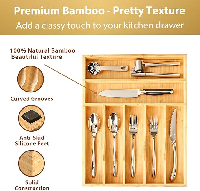 Umilife Bamboo Kitchen Drawer Organizer, 13 Inch Silverware Utensil Tray Holder - Image 2