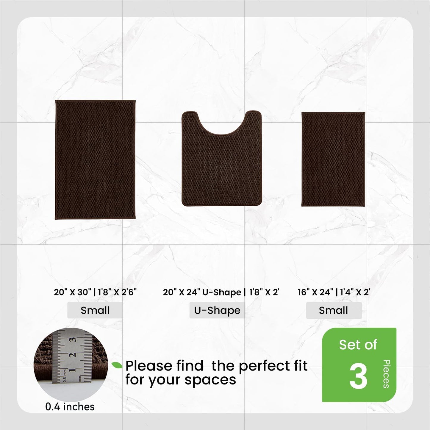 TYUU Bathroom Rugs Sets 3 Piece, Non Slip & Washable Bath Mat Set, Super Absorbent Quick Dry Bathroom Mat Set, Soft Low Pile for Toilet, Sink & Tub, 16"x24", 20"x30" & 20"x24" U Shape, Brown