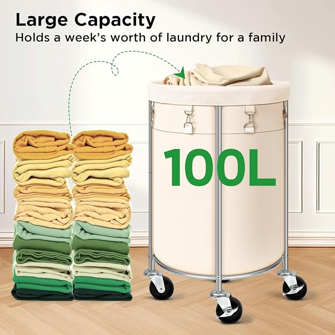 Laundry Hamper with Wheels, 100L Round Rolling Laundry Basket Sorter with - Image 8