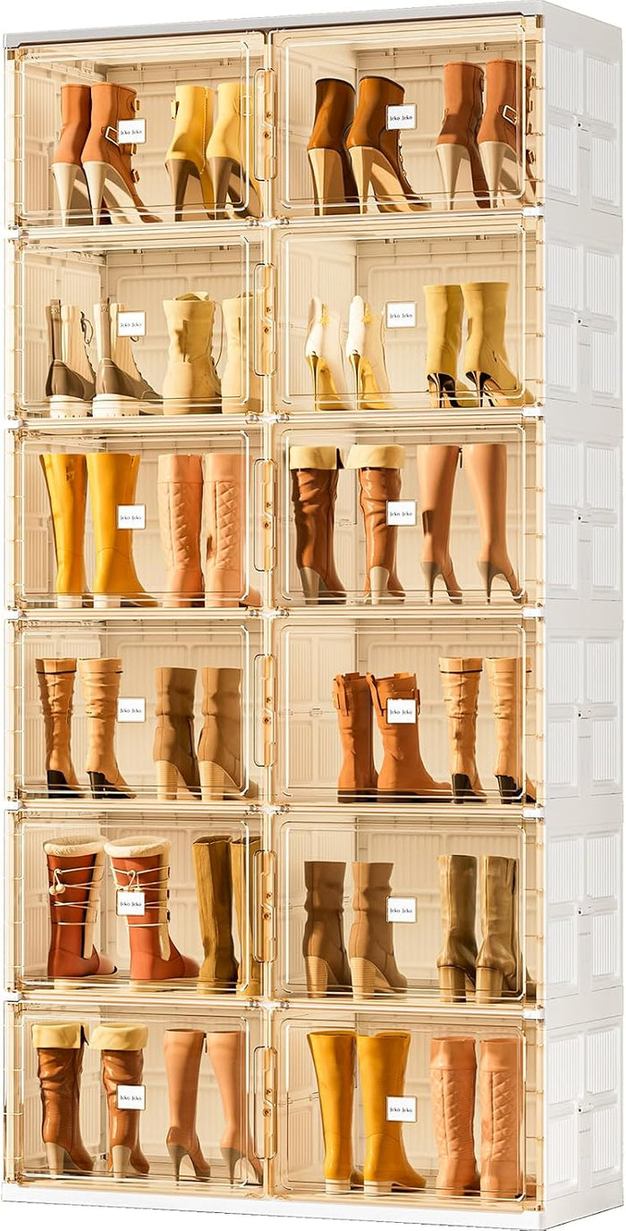 JEKO&JEKO Foldable Boot Storage Cabinet with Magnetic Doors,6-Tier Double-Column Tall Shoe Organizer for Closet & Entryway,Space Saving Shoe Rack for Boots,Fits Up to 24 Pairs, White