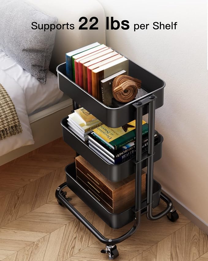 Pipishell 3 Tier Metal Rolling Utility Cart, Heavy-Duty Storage Rolling Cart - Image 3