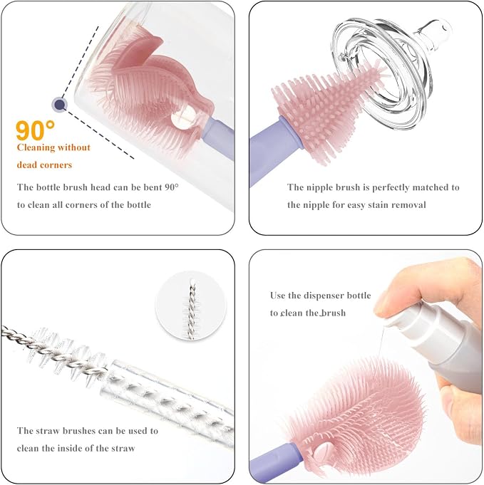 HOEREV Portable Baby Silicone Bottle Brush Set Include Pacifier Brush, Straw - Image 3