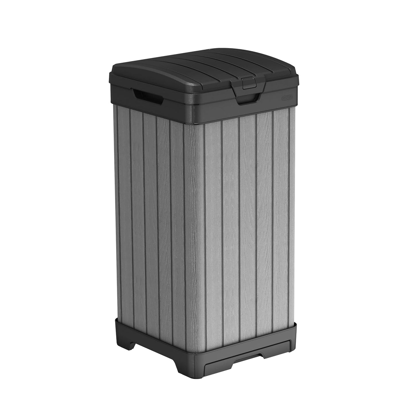 Keter Darwin Outdoor Trash Can, 38 Gallon Weather-Resistant Resin Waste Bin with Lid, Wood-Look Design for Patio, Deck, Porch & Backyard
