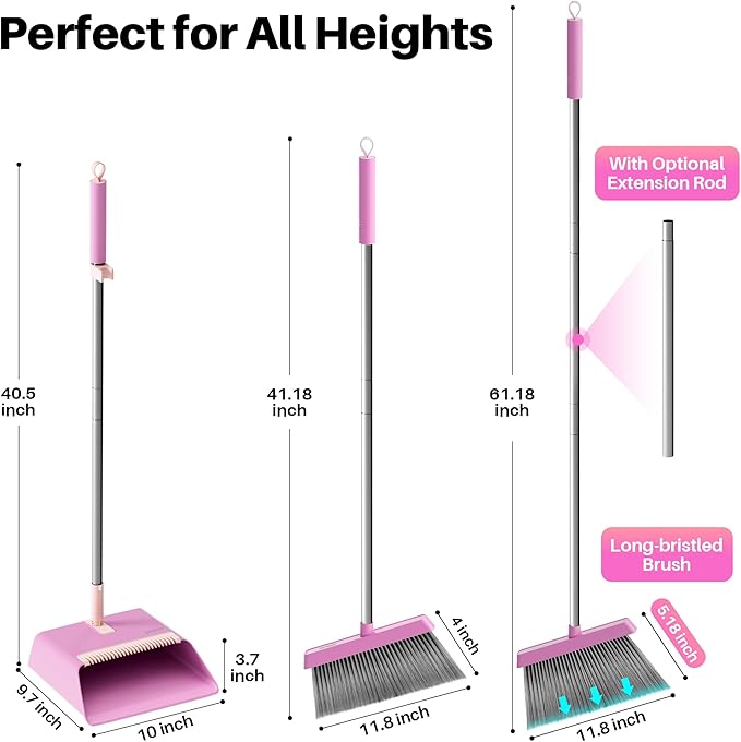 JOYMOOP Pink Broom and Dustpan Set, Upright Angle - Image 4