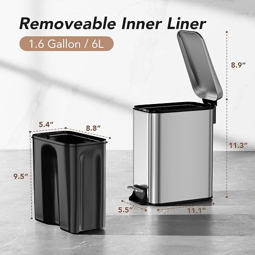 Small Trash Can with Lid Soft-Close, 6 L/1.6 Gal Bathroom Garbage Can with - Image 2