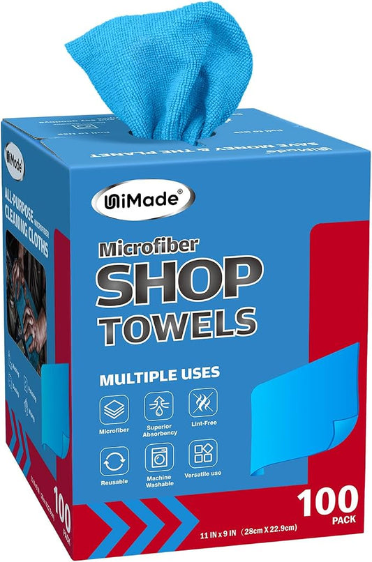 Shop Towels, 100 Sheets Microfiber Cleaning Cloth Commercial Grade Washcloths by Unimade