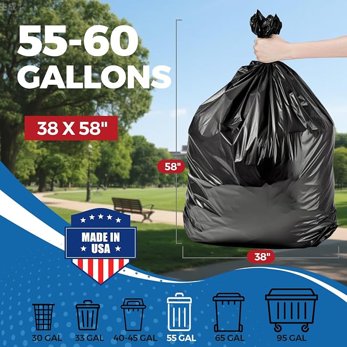 Fuxury 55-60 Gallon Heavy Duty Trash Bags, 23 Mic Thick, 38x58 in, Star-Seal - Image 2