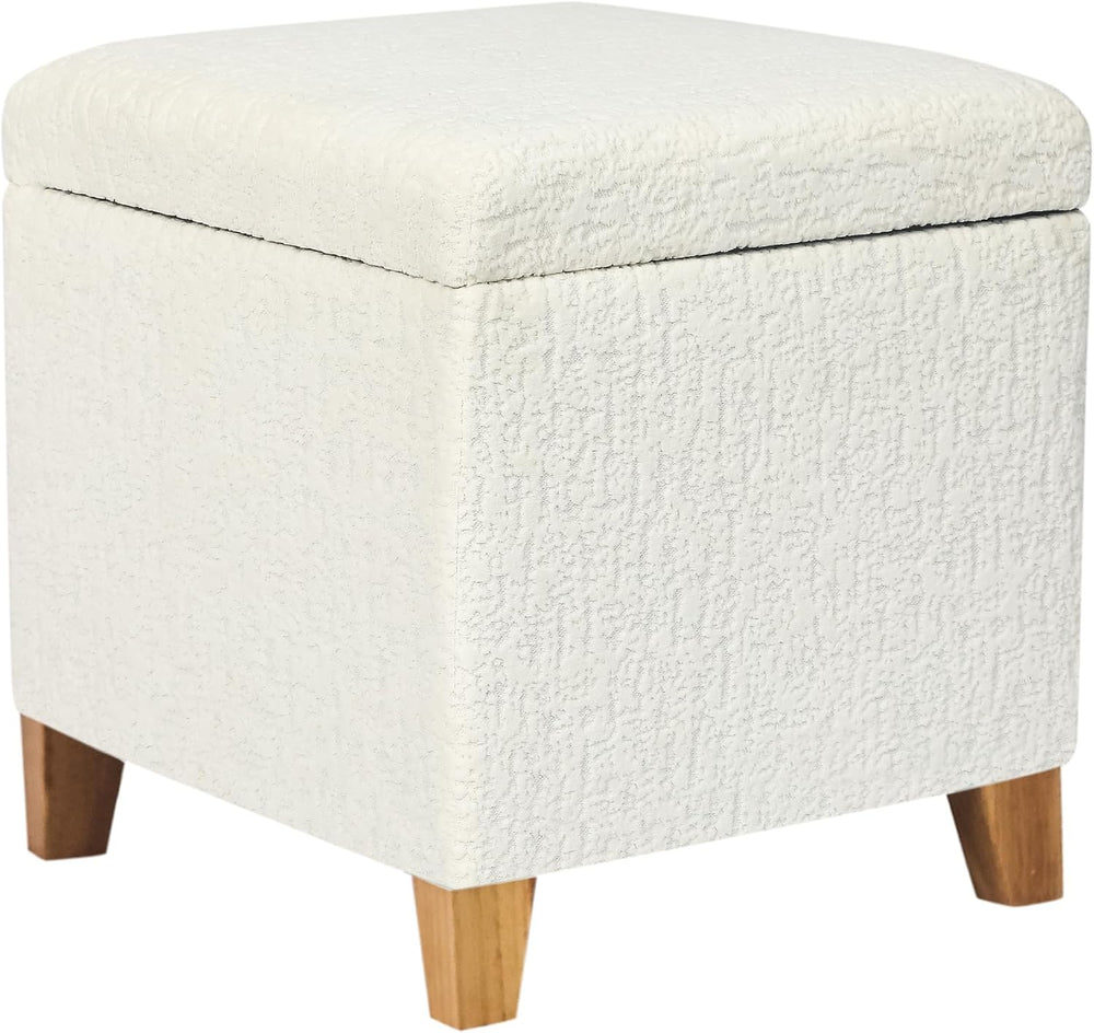 Adeco 18 Inch High Faux Fur White Cube Ottoman Storage, 3D Embossed Velvet Ch...