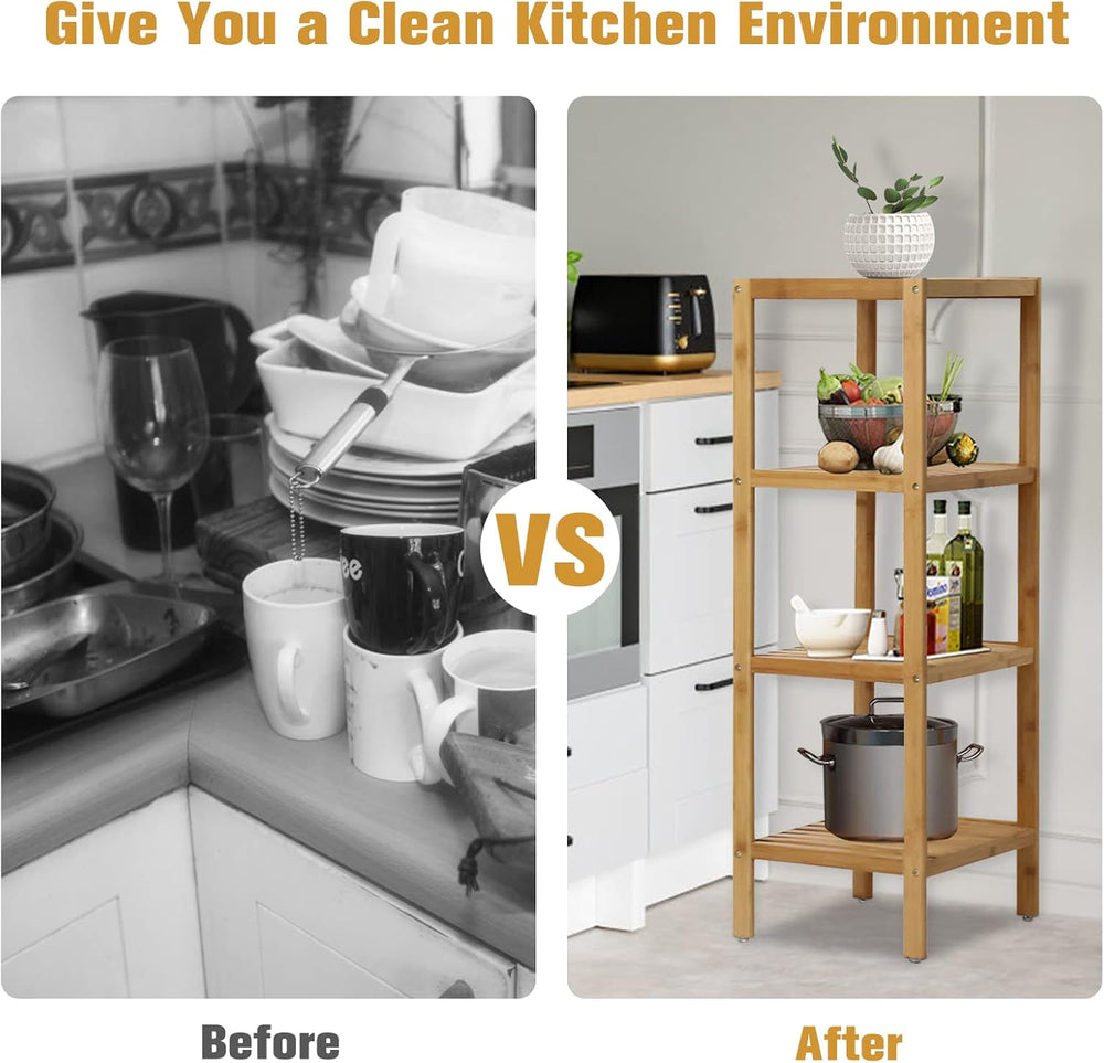 Standing Shelf 4-Tier Kitchen Bamboo Storage Rack Multifunctional Square Stan...