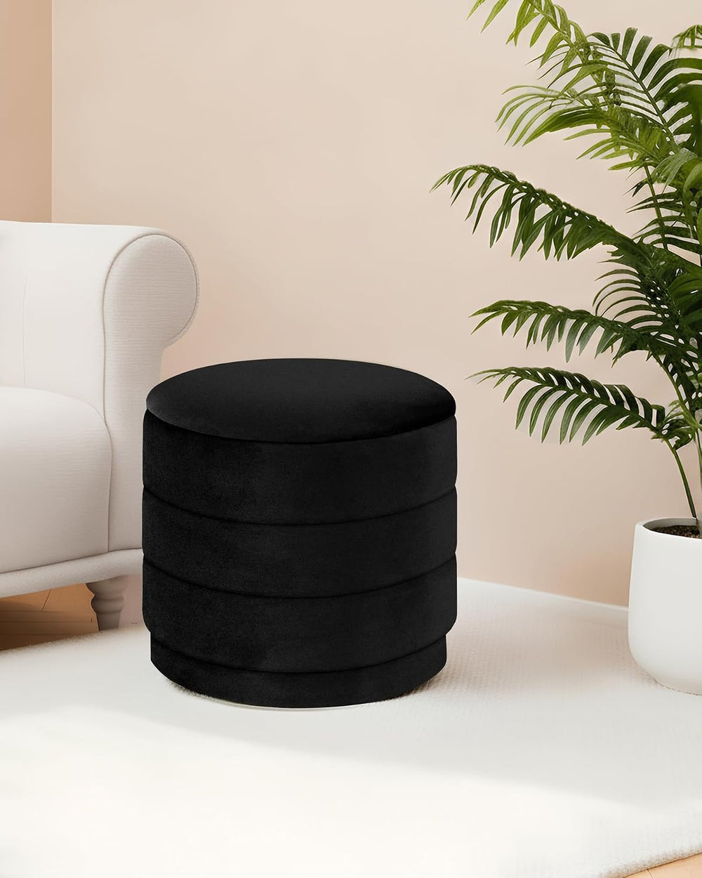 B FSOBEIIALEO 15.4" Round Velvet Storage Ottoman with Tray, Black