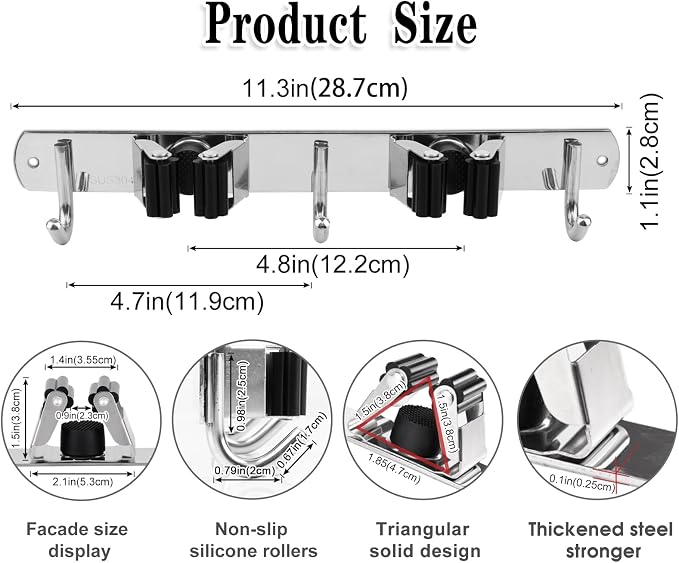 2 Racks and 3 Hooks Broom and Mop Holder Wall Mounted Garage Organizer Storage - Image 3