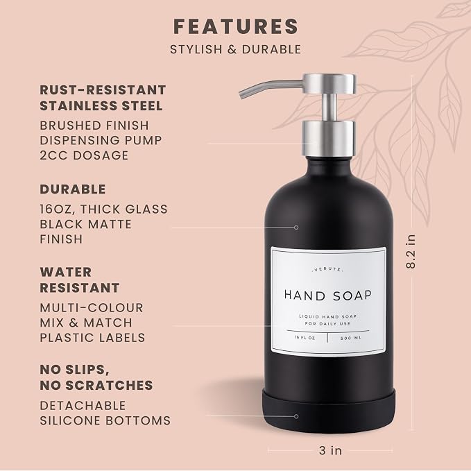 16oz Glass Soap Dispenser with Stainless Steel Pump, 21 Waterproof Labels - Image 6
