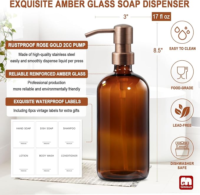 GMISUN Amber Glass Soap Dispenser, 2 Pack Bathroom Hand Soap Dispensers - Image 3