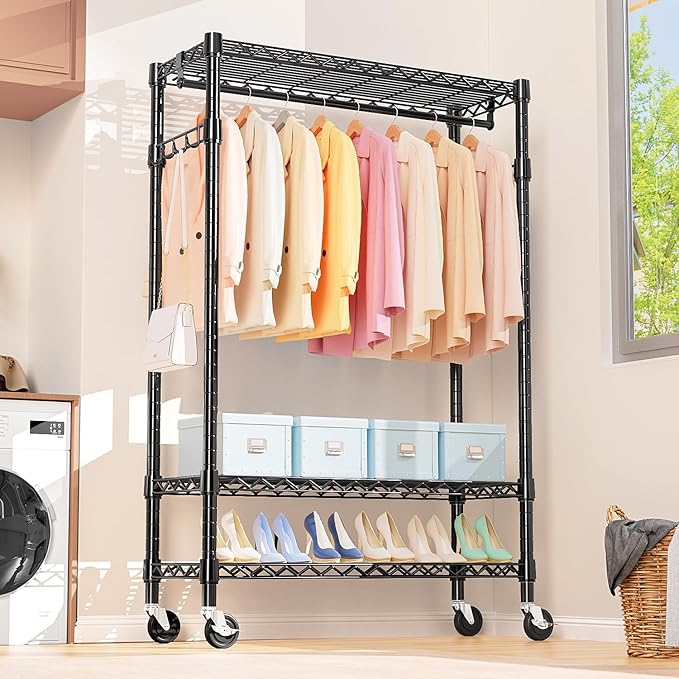 Heavy Duty Rolling Garment Rack 3 Tiers Adjustable Wire Shelving Clothes Rack - Image 4