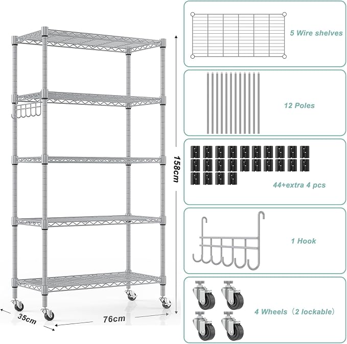 Himimi 5-Tier Storage Shelf Wire Shelving Unit on Wheels, Adjustable Heavy Duty - Image 4