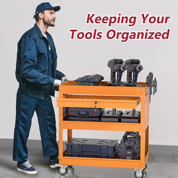 3 Tier Rolling Tool Cart on Wheels, Heavy Duty Service Cart Industrial Utility - Image 6