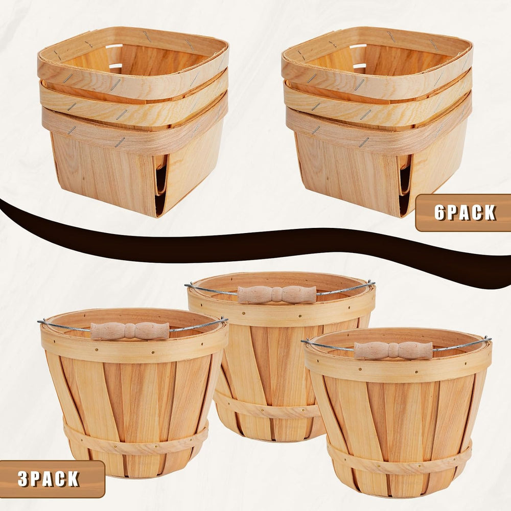 Leinuosen 9 Pcs Wooden Basket Set, 3 Bushel Buckets 6 Harvest Baskets