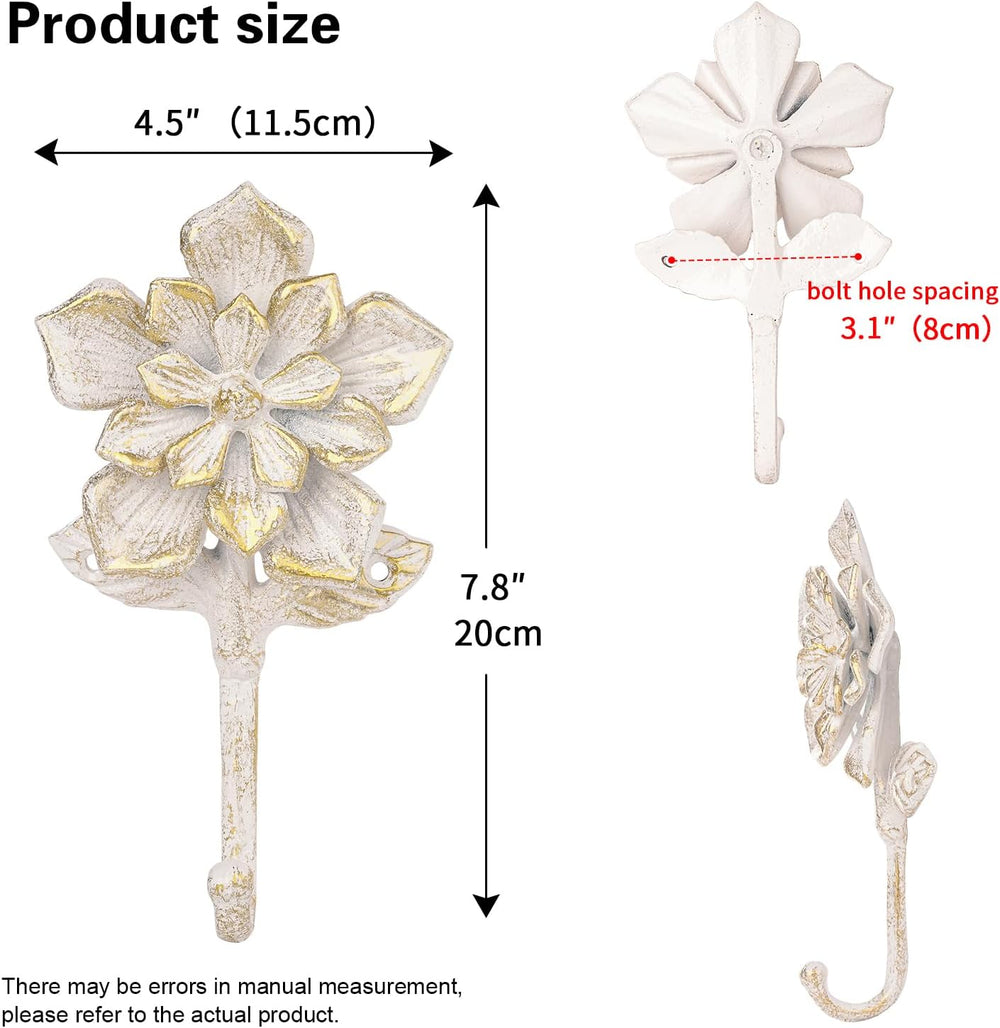 Sungmor 2 Pack Cast Iron Coat Hooks - Flower Shaped& Rustic White