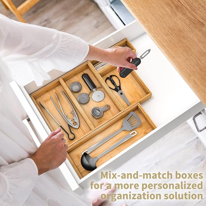 Bamboo Kitchen Drawer Organizer, Stackable Silverware Tray Utensil Organizer - Image 2