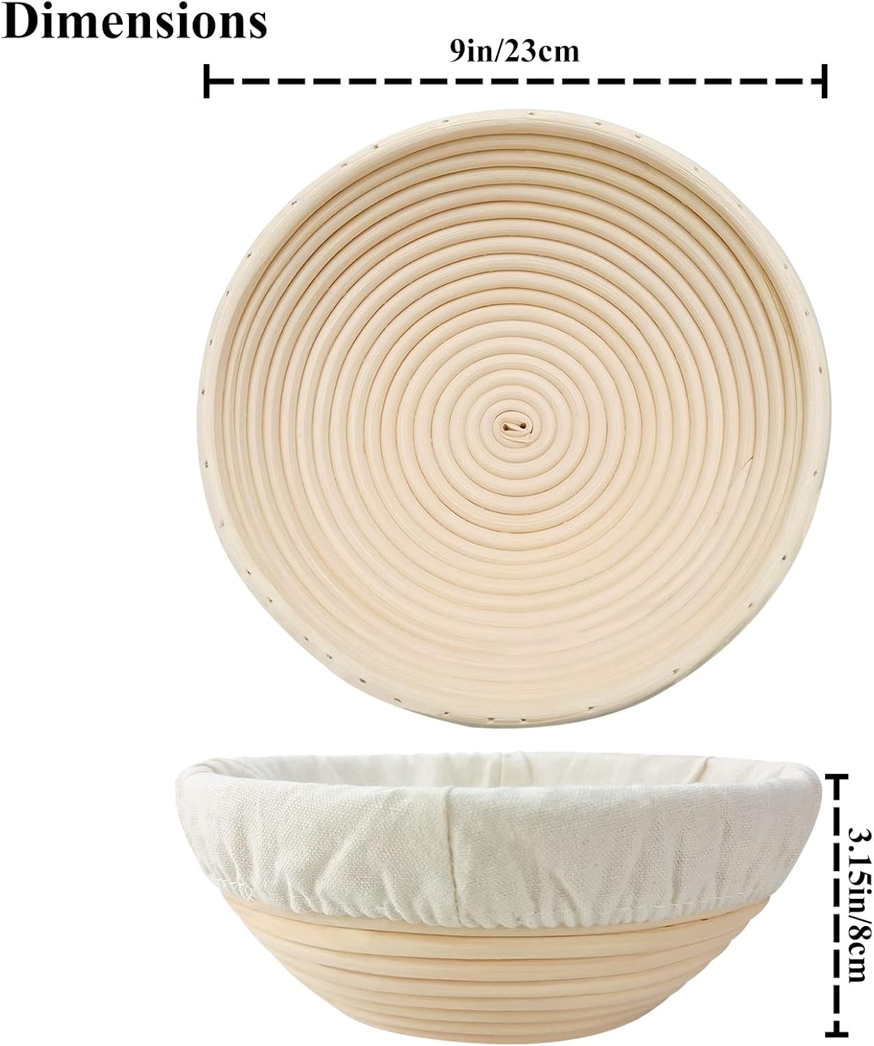 Rattan Banneton Bread Proofing Basket Set of 2, 9 Inch Round | For sourdough, boule and artisan loaves; supports dough during final proof for easier shaping and defined spiral lines