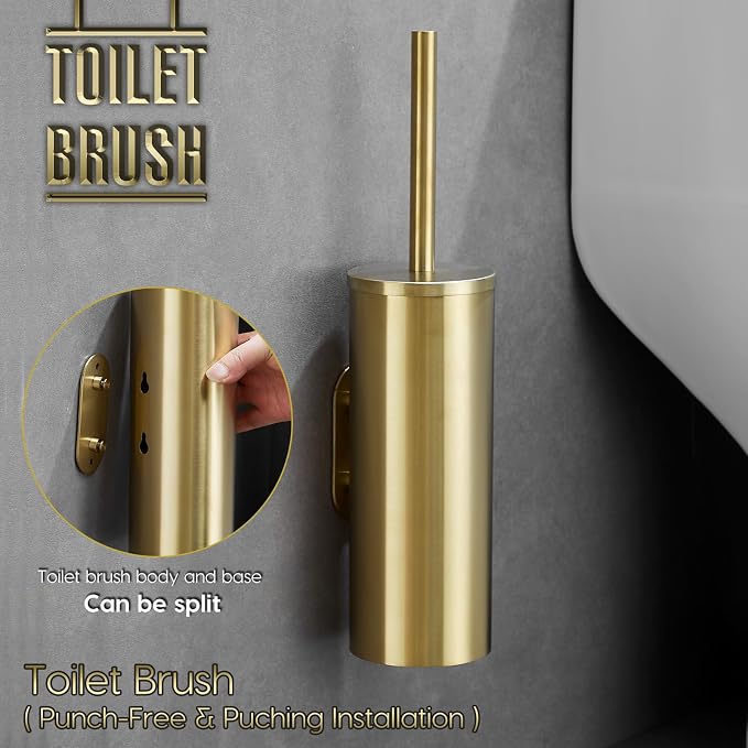 Gold Brushed Stainless Steel Toilet Brush and Cover, No-Punch Hook Base Dual - Image 2