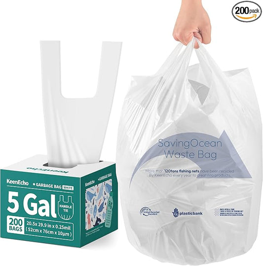 Small Trash Bags with Handles 5 Gallon 200 Count White by KeenEcho