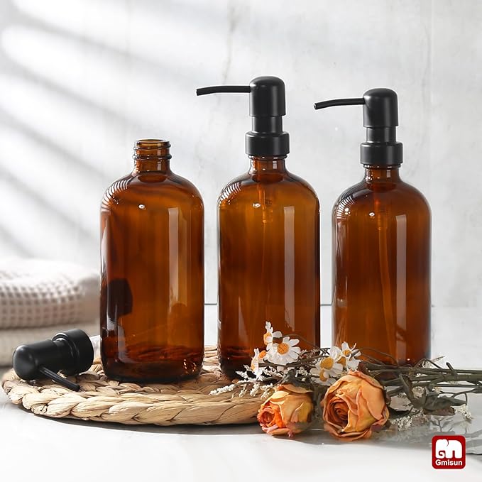 GMISUN Shampoo and Conditioner Dispenser, 3 Pack Amber Glass Bathroom Shampoo - Image 4