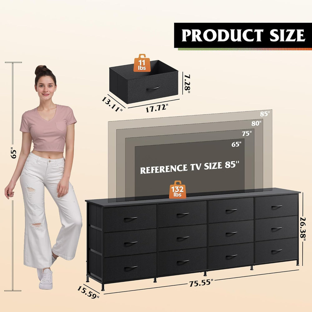 WLIVE Long Dresser TV Stand for 85 Inch TV, 12 Drawer Dresser, Black