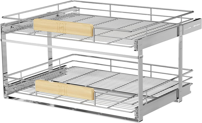 LOVMOR 2 Tier Pull Out Cabinet Organizer 28½" W x 21½" D, Slide Out Drawers with Wooden Handle, Sliding Shelves Organization and Storage for Kitchen, Pantry
