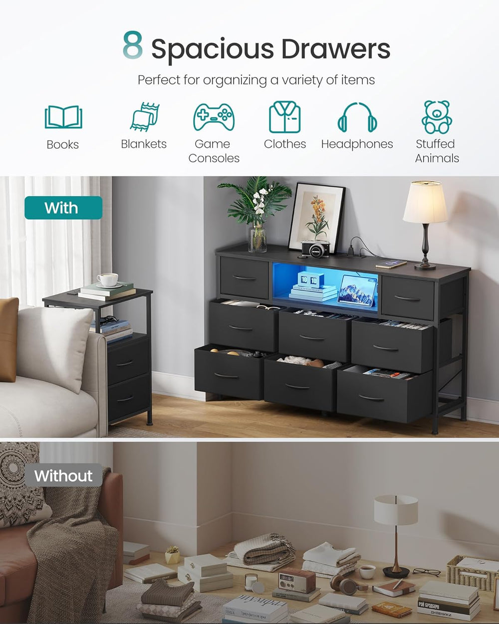 SONGMICS Dresser for Bedroom with Outlets & LED Lights, 8 Fabric Drawers