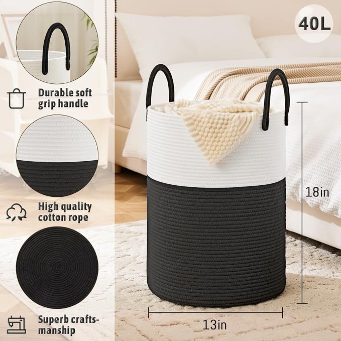 Laundry Basket, Woven Cotton Rope Laundry Hamper, 40L - Image 6